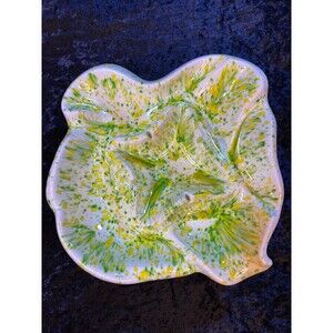 Ashtray, Ceramic, Drip Glazed, MCM Yellow, with Lime Green on Cream White